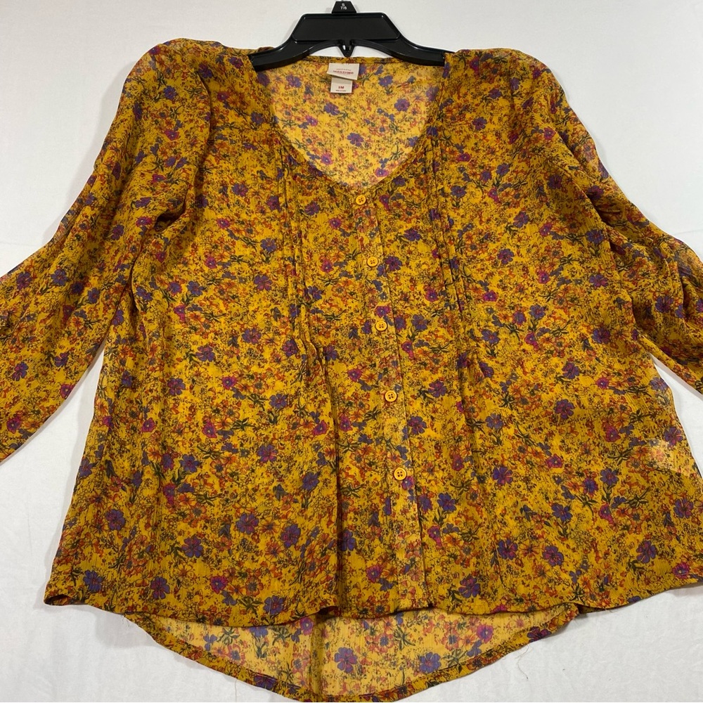 Boho Floral Sheer Flowy Blouse 3/4 sleeve mustard v-neck pleated front